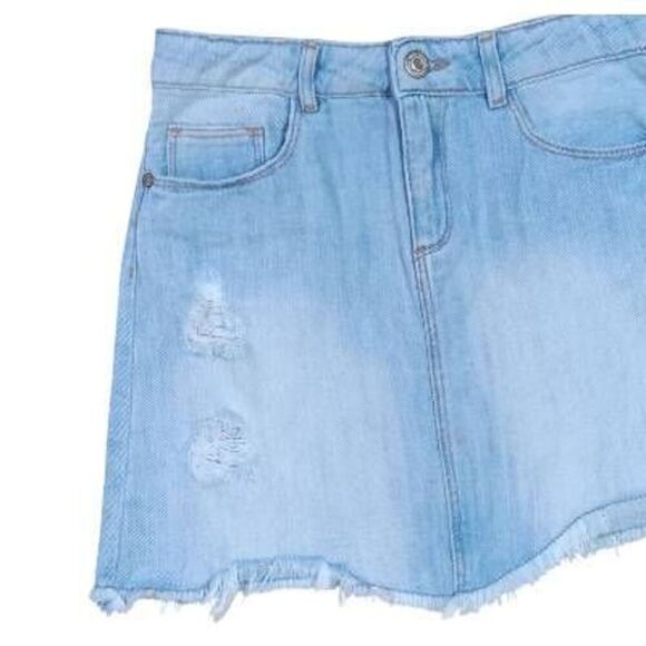 Zara Girls Distressed Denim Skirt Casual Collection Asymmetrical Raw Hem Sz 9 10 - Picture 3 of 7